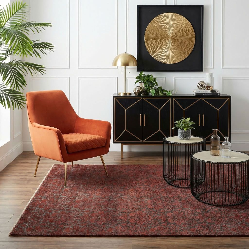 Elegantes Wohnzimmer mit handgeknüpftem Designer-Teppich Eterno in dunklem Rot und Ornamentmuster