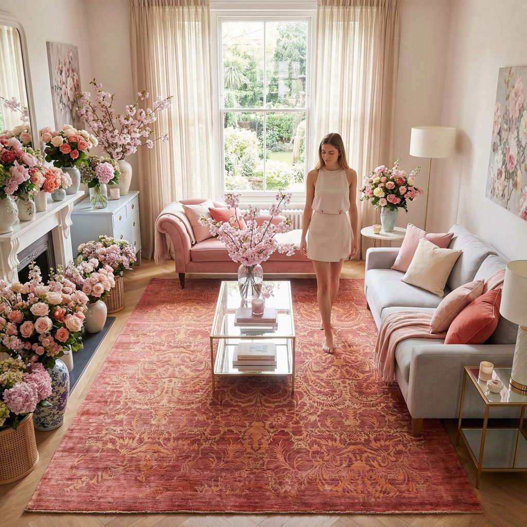 Wohnidee mit handgeknüpftem Designer-Teppich Eterno, rosa Teppich im Wohnzimmer mit grauem Sofa und Frühlingsblumen