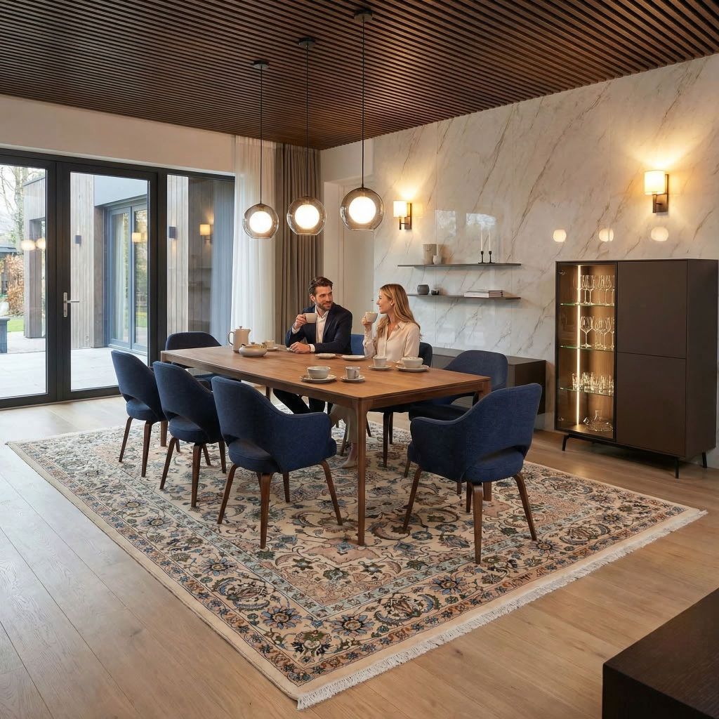 Eleganter Essbereich mit handgeknüpftem hellem Perserteppich aus Kaschmar aus Schafwolle und mit blauen Stühlen