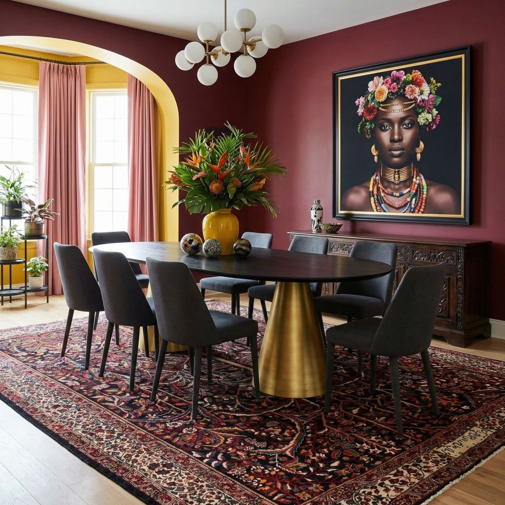 Handgeknüpfter Teppich Bachtiar als Orientteppich im modernen Esszimmer mit goldener Leuchte