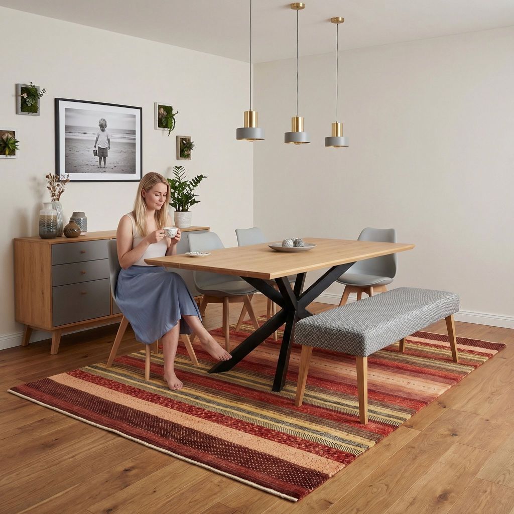 Modernes Esszimmer mit handgeknüpftem Teppich Bidjar-Novum als Streifen-Teppich in warmen Naturtönen unter dem Tisch