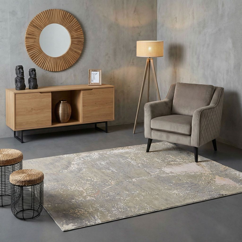 Wohnraumidee mit handgeknüpftem Teppich Eterno als Designteppich in dezenten Naturtönen