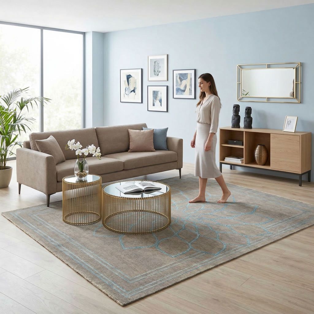 Handgeknüpfter Teppich Eterno als großer Wohnzimmerteppich im hellen skandinavischen Wohnstil