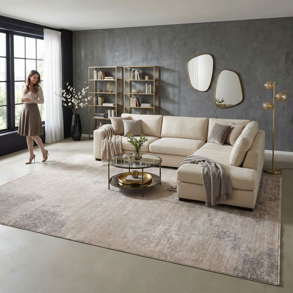 Wohnraumidee mit handgeknüpftem Designer-Teppich Eterno in Beige-Grau vor Betonwand und goldenen Regalen