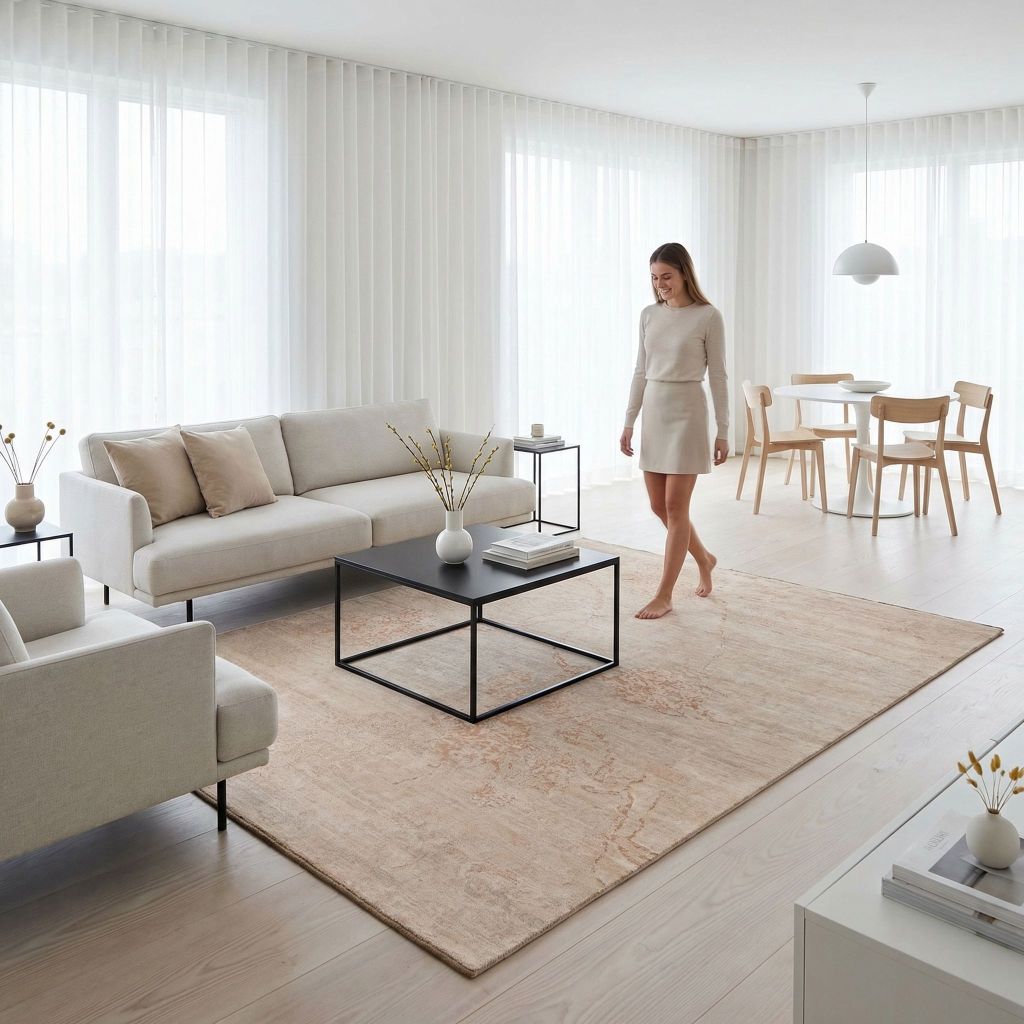 Wohnraumidee mit handgeknüpftem Teppich Eterno in Beige im modernen skandinavischen Wohnzimmer