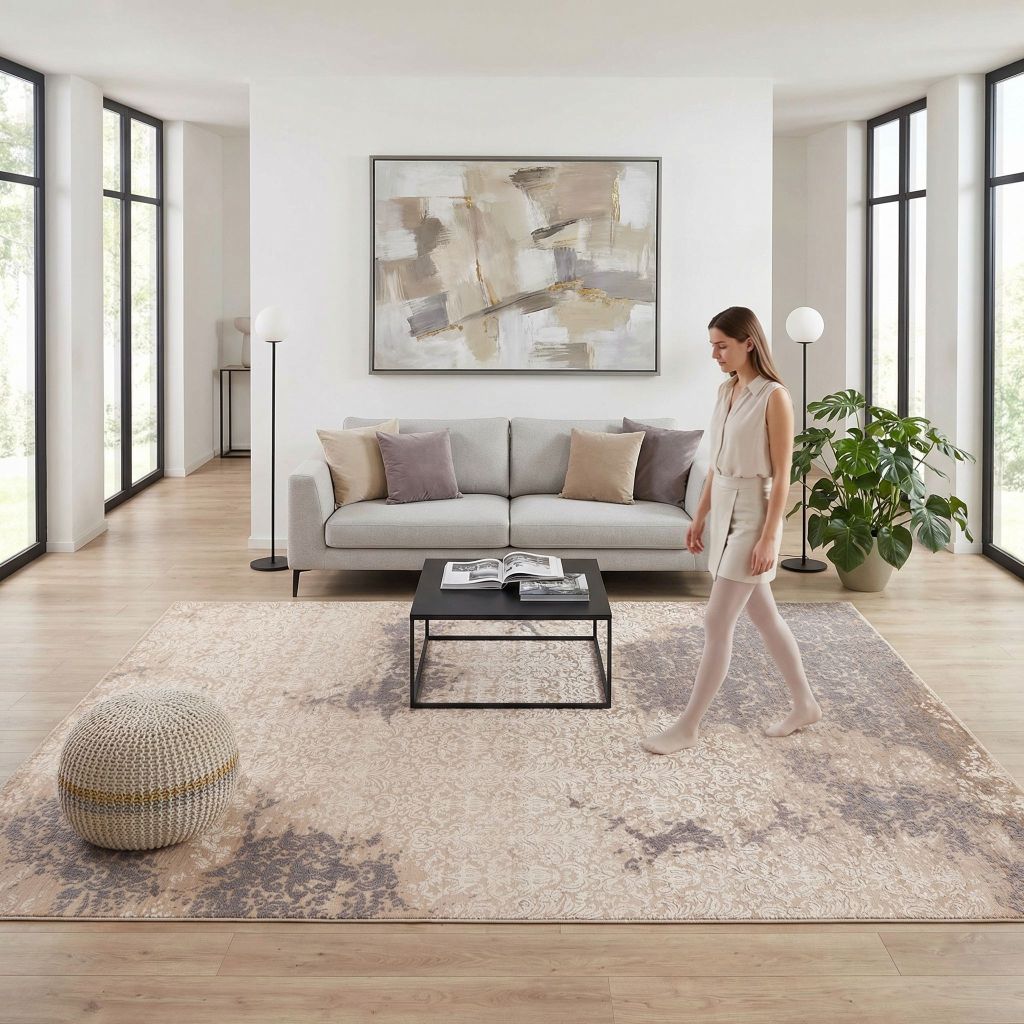 Modernes helles Wohnzimmer mit handgeknüpfter Teppich Eterno in Beige Grau und dezentem Muster