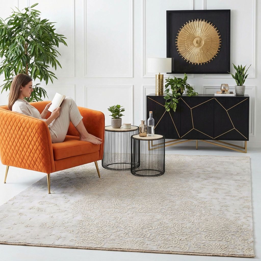 Handgeknüpfter Teppich Eterno als großer Teppich im Wohnzimmer mit orangefarbenem Sessel