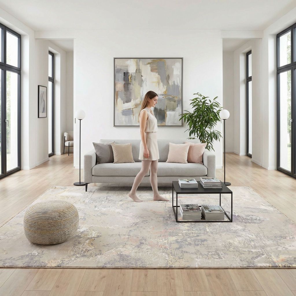 Handgeknüpfter Teppich Eterno im eleganten Wohnzimmer mit abstraktem Muster in Beige Grau und Pastell unter Sitzgruppe