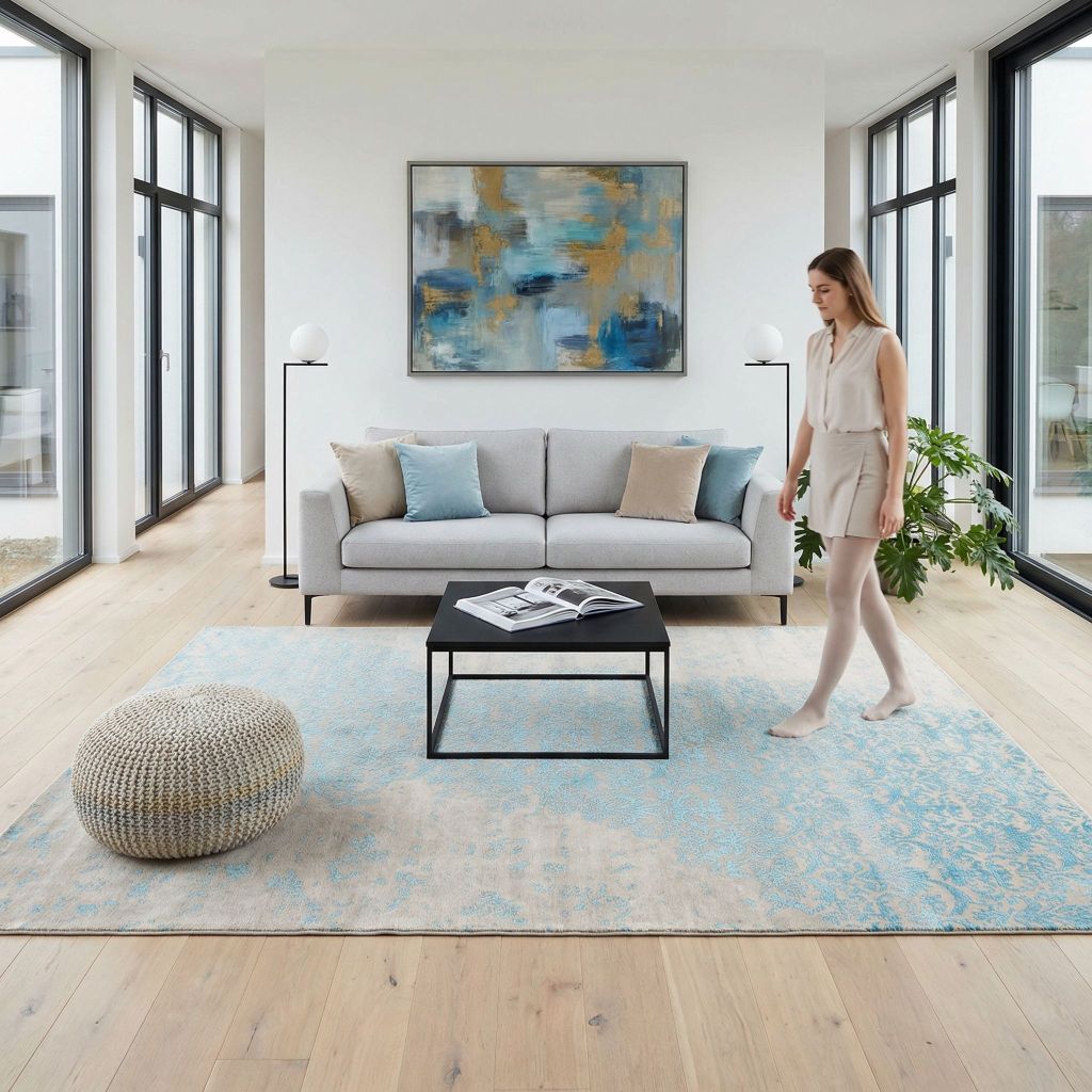 Helles skandinavisches Wohnzimmer mit handgeknüpftem Teppich Eterno in Hellblau Beige und minimalistischer Einrichtung