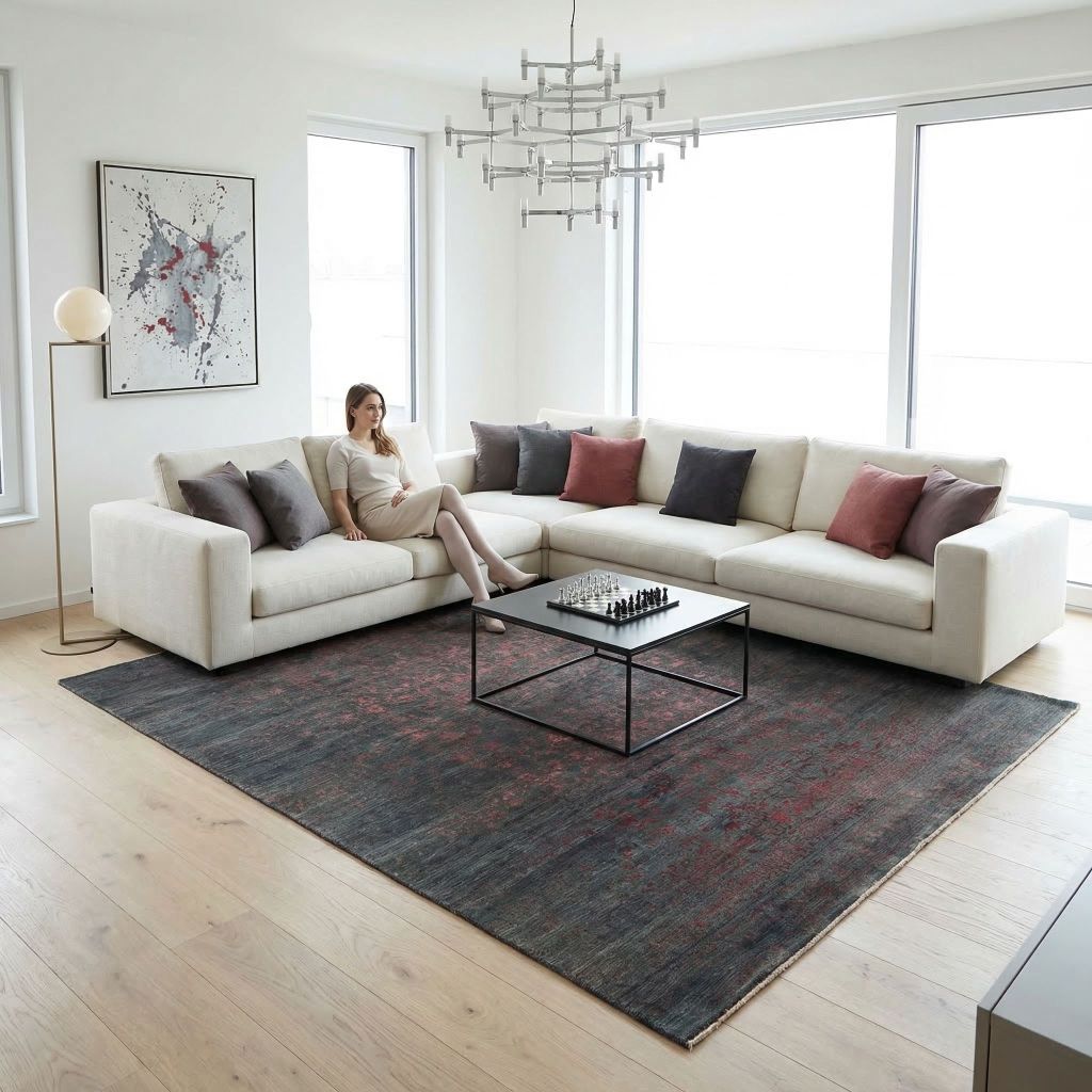 Handgeknüpfter Teppich Eterno in Grau und Rot im modernen Wohnzimmer unter Couchtisch