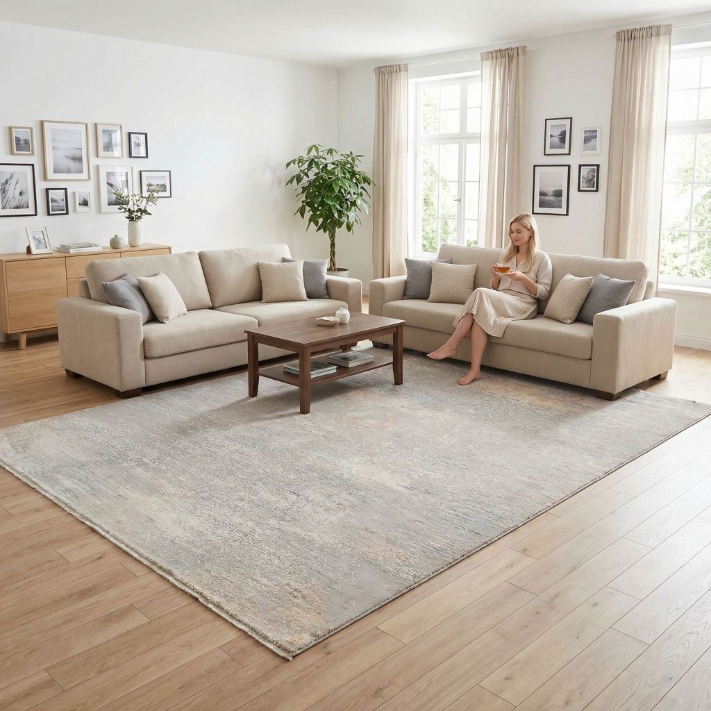 Wohnraumidee mit handgeknüpfter Teppich Eterno moderner heller Teppich im skandinavischen Wohnzimmer