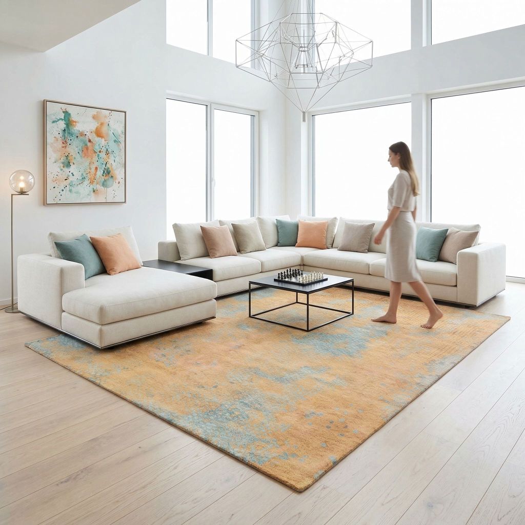 Wohnidee skandinavisches Wohnzimmer mit handgeknüpfter Teppich Eterno unter Couchtisch und Wohnlandschaft