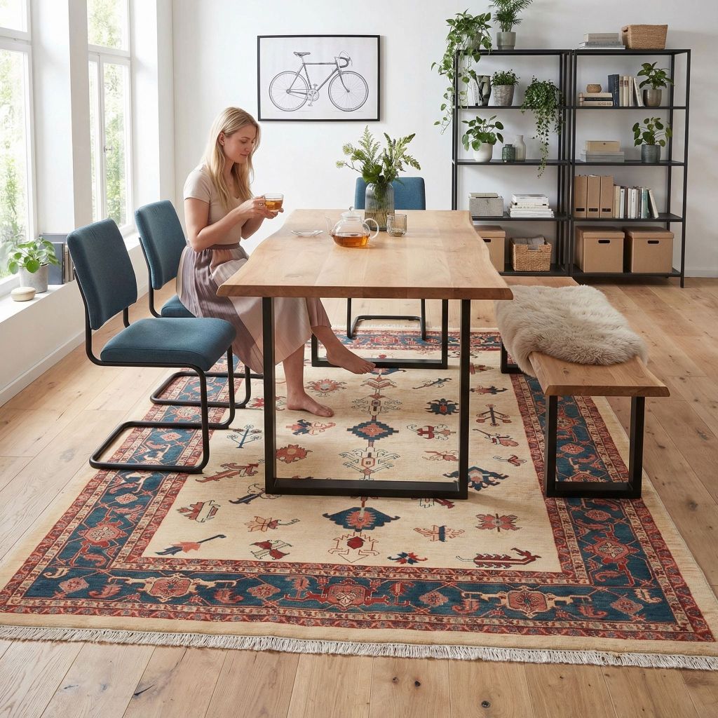 Handgeknüpfter Teppich Ghadimi im hellen Esszimmer unter Holztisch mit blau rotem Orientmuster