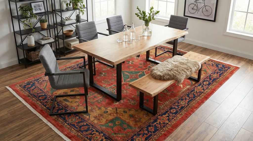 Modernes Esszimmer mit handgeknüpftem Teppich Ghadimi im Orientmuster in warmen Farben