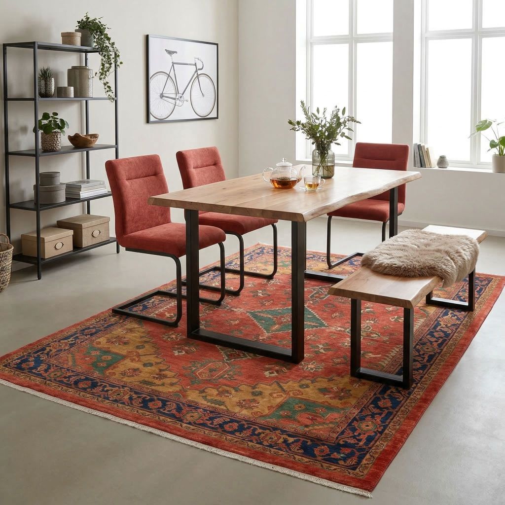 Modernes Esszimmer mit handgeknüpftem Teppich Ghadimi im Orientmuster in warmen Farben