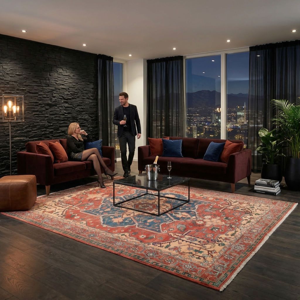 Handgeknüpfter Perserteppich Ghadimi im modernen Wohnzimmer mit zwei Sofas und Couchtisch