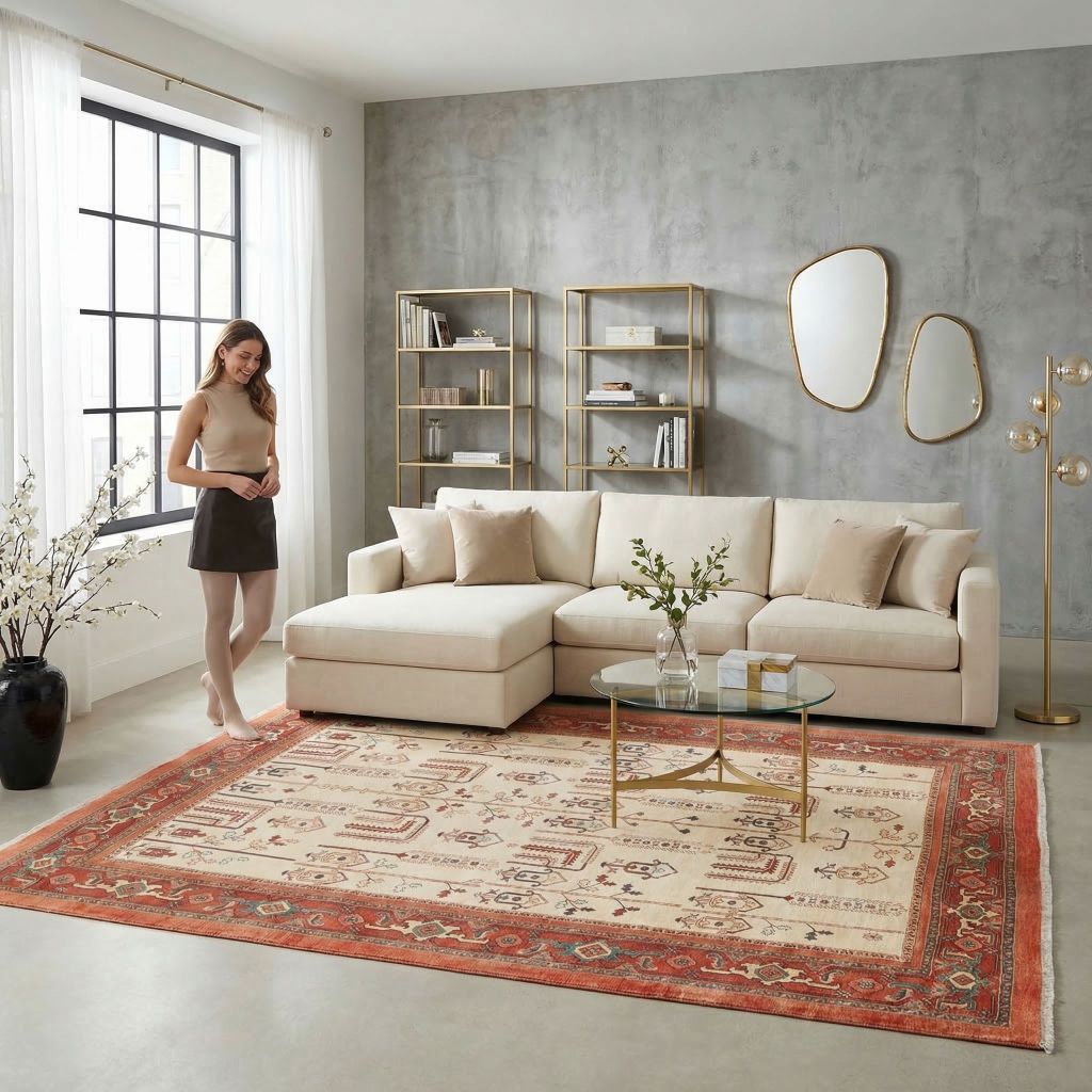 Handgeknüpfter Teppich Ghadimi im modernen Wohnzimmer vor hellem Ecksofa in Beige und Rot