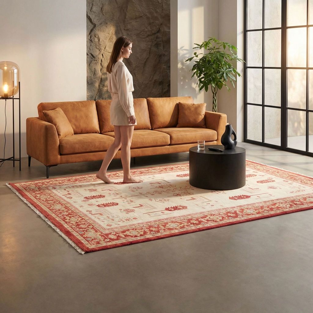 Handgeknüpfter Teppich Ghadimi in modernem Wohnzimmer mit braunem Ledersofa und rot cremefarbenem Muster