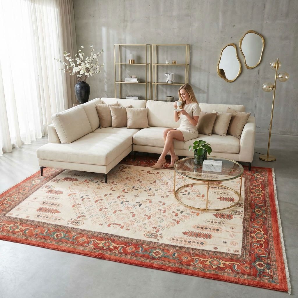 Interior Inspiration: handgeknüpfter Perserteppich Ghadimi als Blickfang im hellen Wohnzimmer mit Betonwand