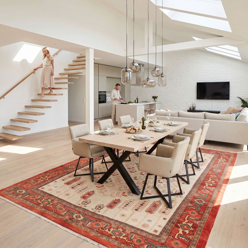 Interior Inspiration: handgeknüpfter Perserteppich Ghadimi als Blickfang im hellen Wohnzimmer mit Betonwand