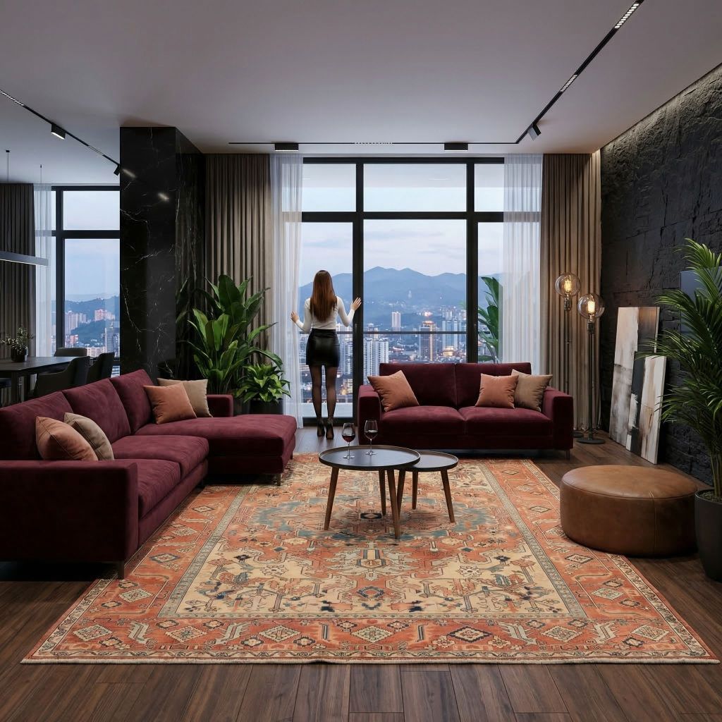 Wohnraumidee mit handgeknüpftem Perserteppich Ghadimi vor großer Fensterfront im modernen Loft