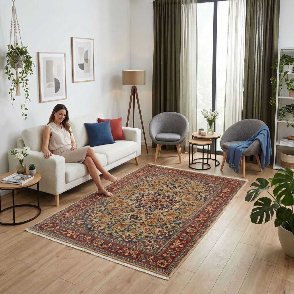 Handgeknüpfter Teppich Ghiassabad als klassischer Orientteppich im hellen Wohnzimmer vor Sofa und Sesseln