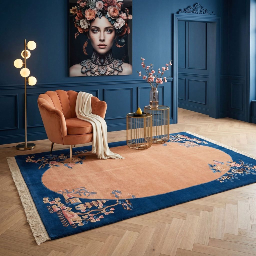 Modernes Wohnzimmer mit handgeknüpftem Teppich Peking in Blau Rosa und floralen Motiven