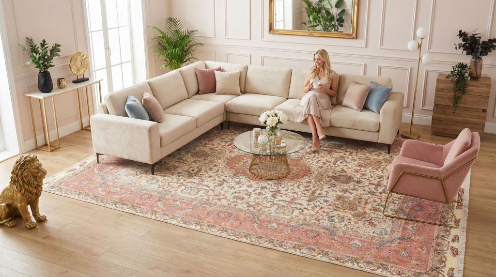 Handgeknüpfter Teppich Täbriz im hellen Wohnzimmer mit beigem Sofa und Couchtisch