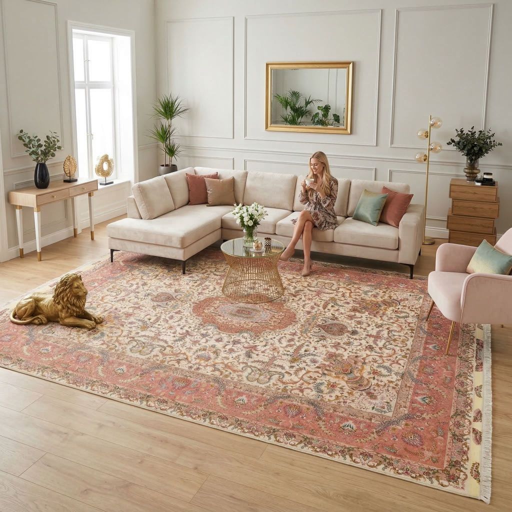 Klassischer handgeknüpfter Teppich Täbriz als Blickfang im eleganten Wohnzimmer mit heller Einrichtung