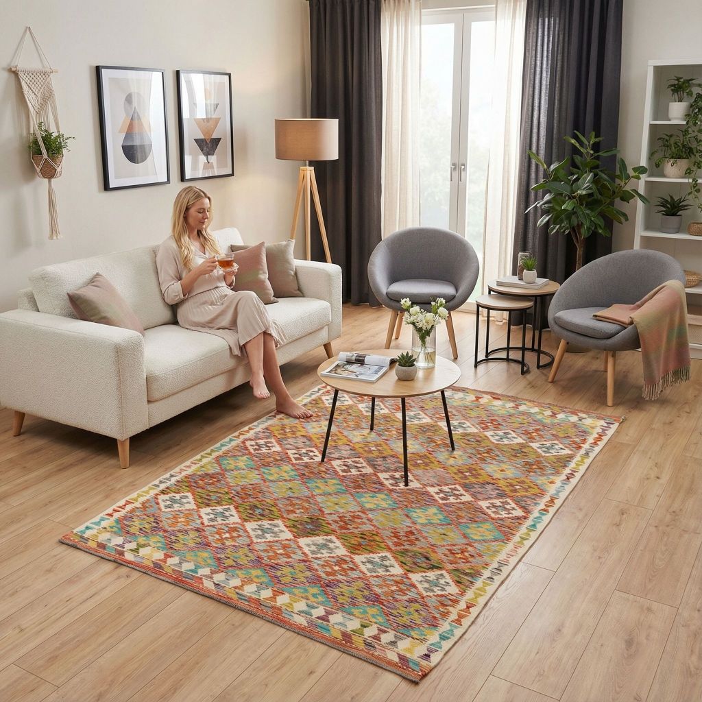 Wohnzimmer im Scandi Look mit handgewebter Kelim Ghazghar Teppich in buntem geometrischem Muster