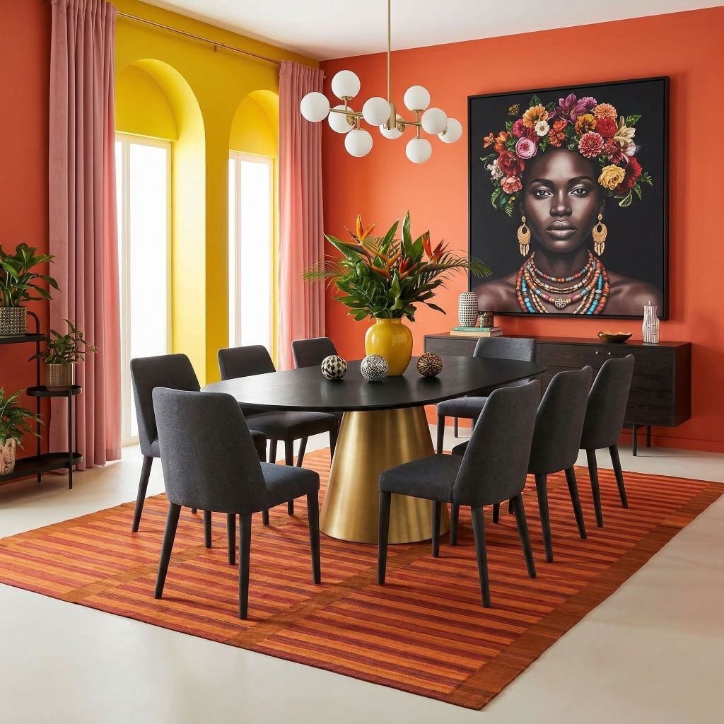 Handgewebter Kelim Tavis Teppich mit Streifenmuster im Esszimmer mit dunklen Stühlen und rundem Tisch