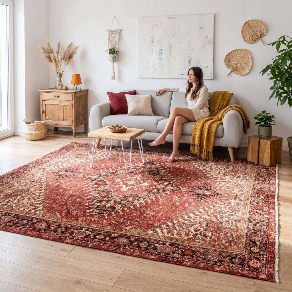 Wohnraumfoto mit handgeknüpfter Teppich Heriz im skandinavischen Wohnzimmer auf hellem Holzboden