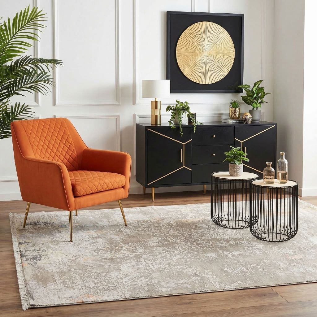 Heller Vintage-Teppich in Hellgrau mit dezenten orangefarbenen Akzenten im modernen kleinen Wohnzimmer