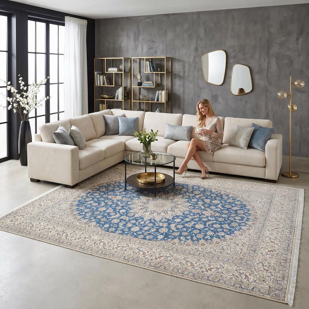 Modernes Wohnzimmer mit handgeknüpfter Teppich Nain in Blau und Beige vor hellem Ecksofa