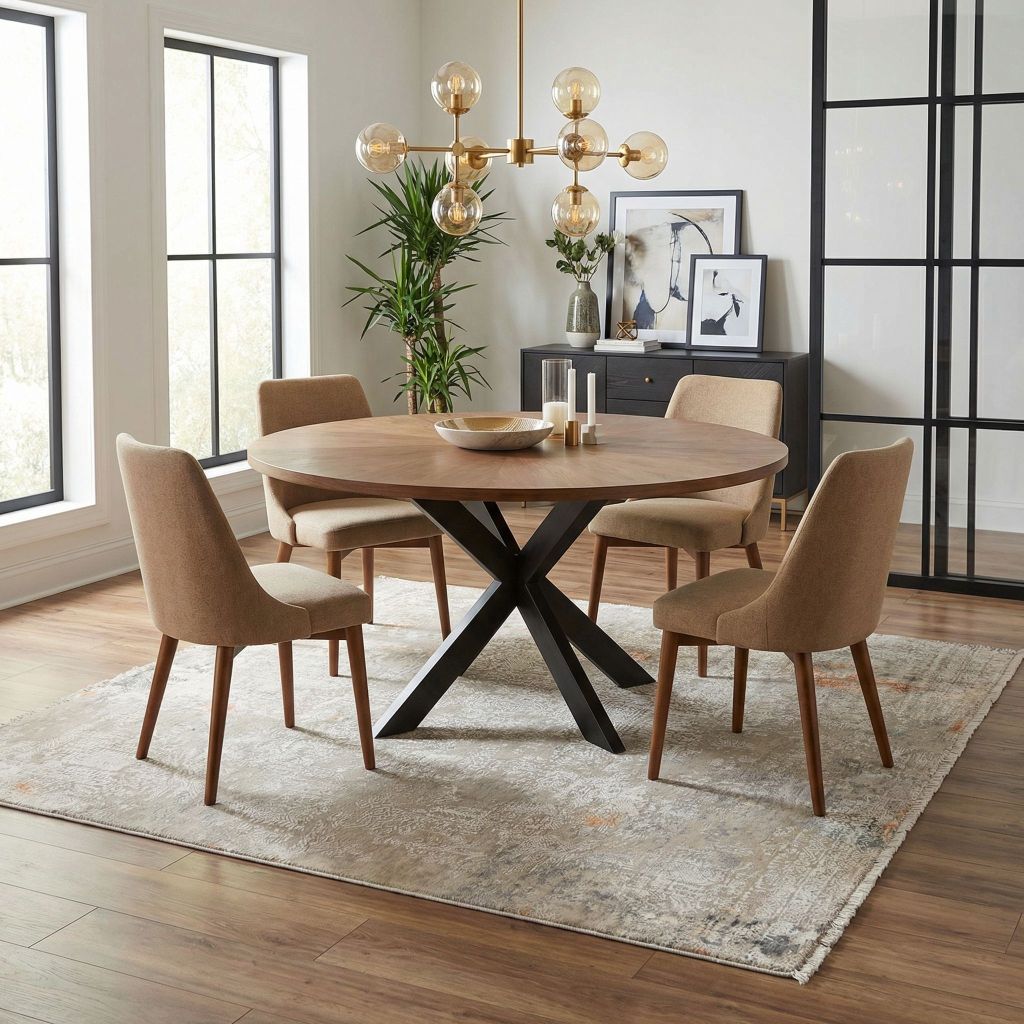 Moderner Vintage-Teppich in Hellgrau-Beige unter rundem Esstisch im Esszimmer