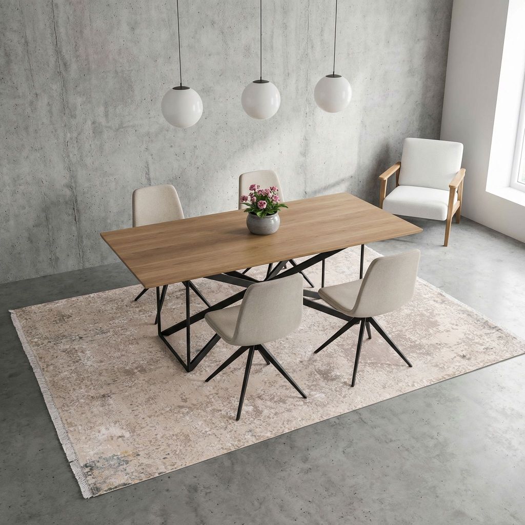 Handgeknüpfter Designer-Teppich Eterno als großer Teppich im minimalistischen Esszimmer mit Pendelleuchten