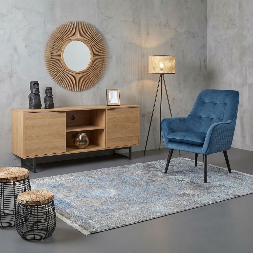 Wohnzimmer Einrichtung mit handgeknüpfter Teppich Eterno in Blau Grau vor blauem Sessel und Holz Sideboard