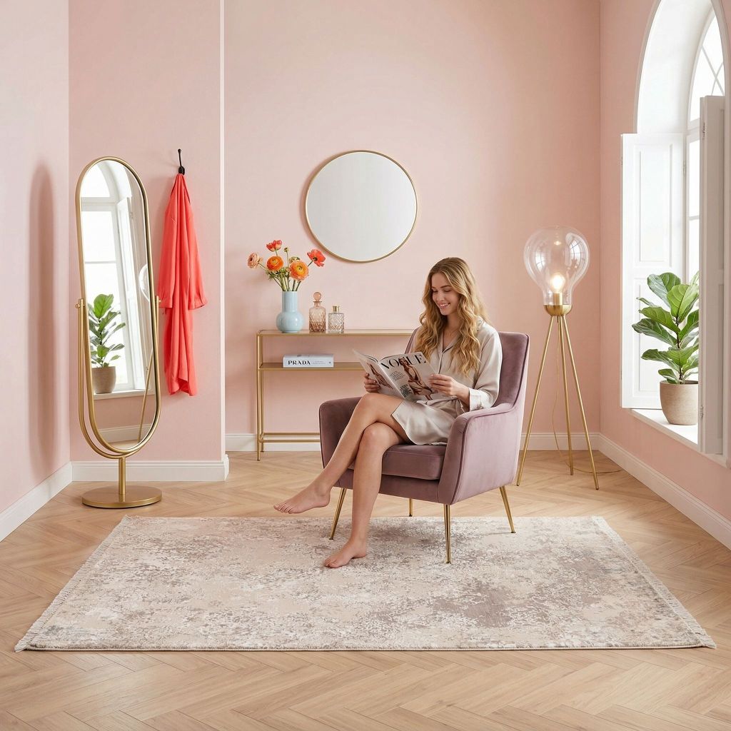 Moderne Wohnidee mit handgeknüpfter Teppich Eterno im hellen Wohnzimmer mit Holzparkett und goldenen Akzenten