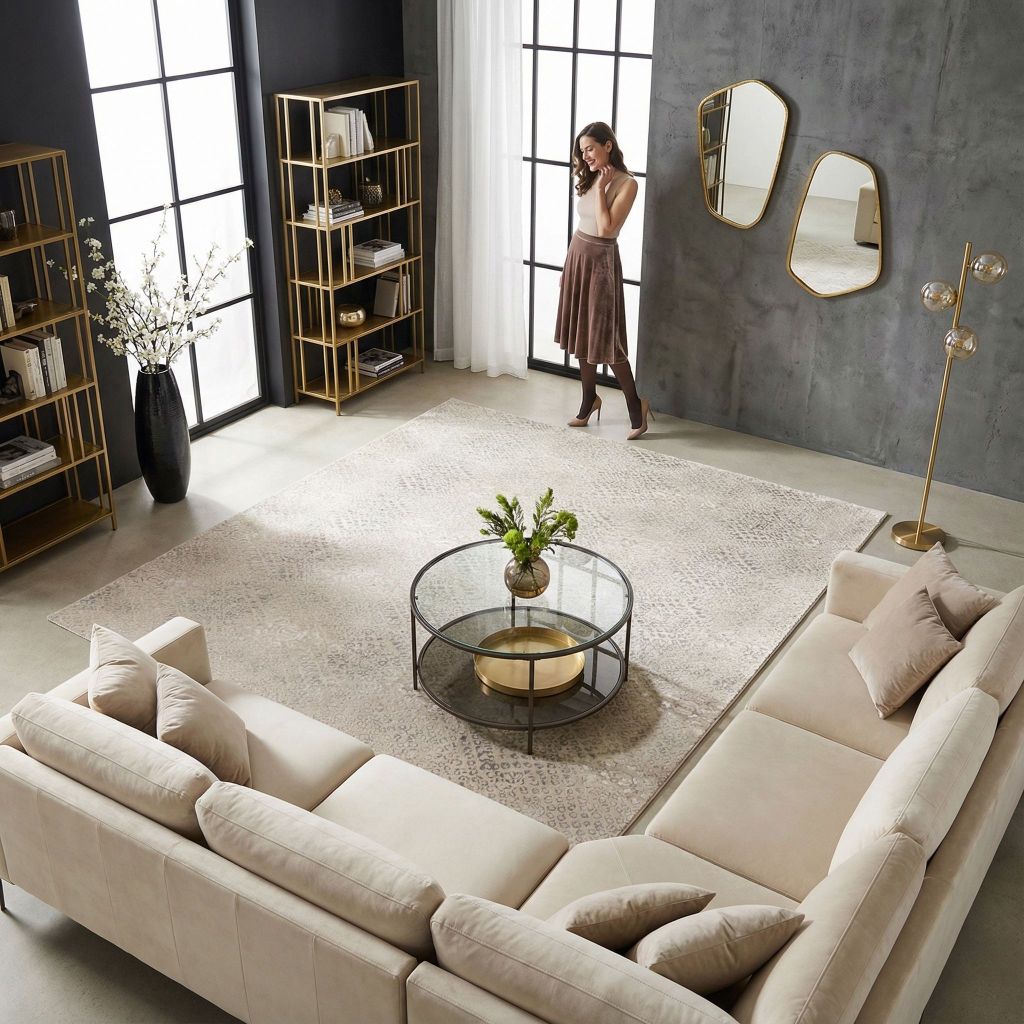 Handgeknüpfter Designer-Teppich Eterno im Loft-Wohnzimmer mit grauer Wand, goldenen Regalen und runder Glas-Tischgruppe