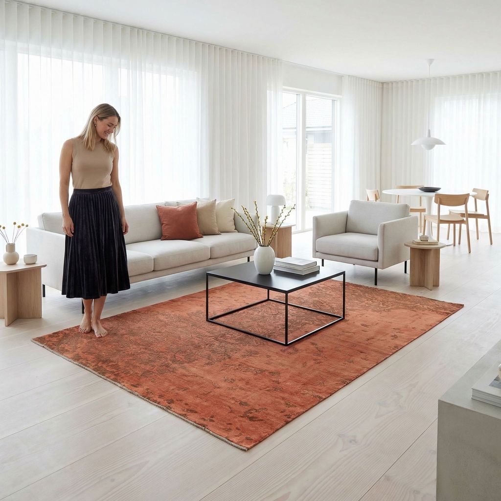 Skandinavisches Wohnkonzept mit handgeknüpfter Teppich Eterno in Rostrot vor Sofa und Sessel