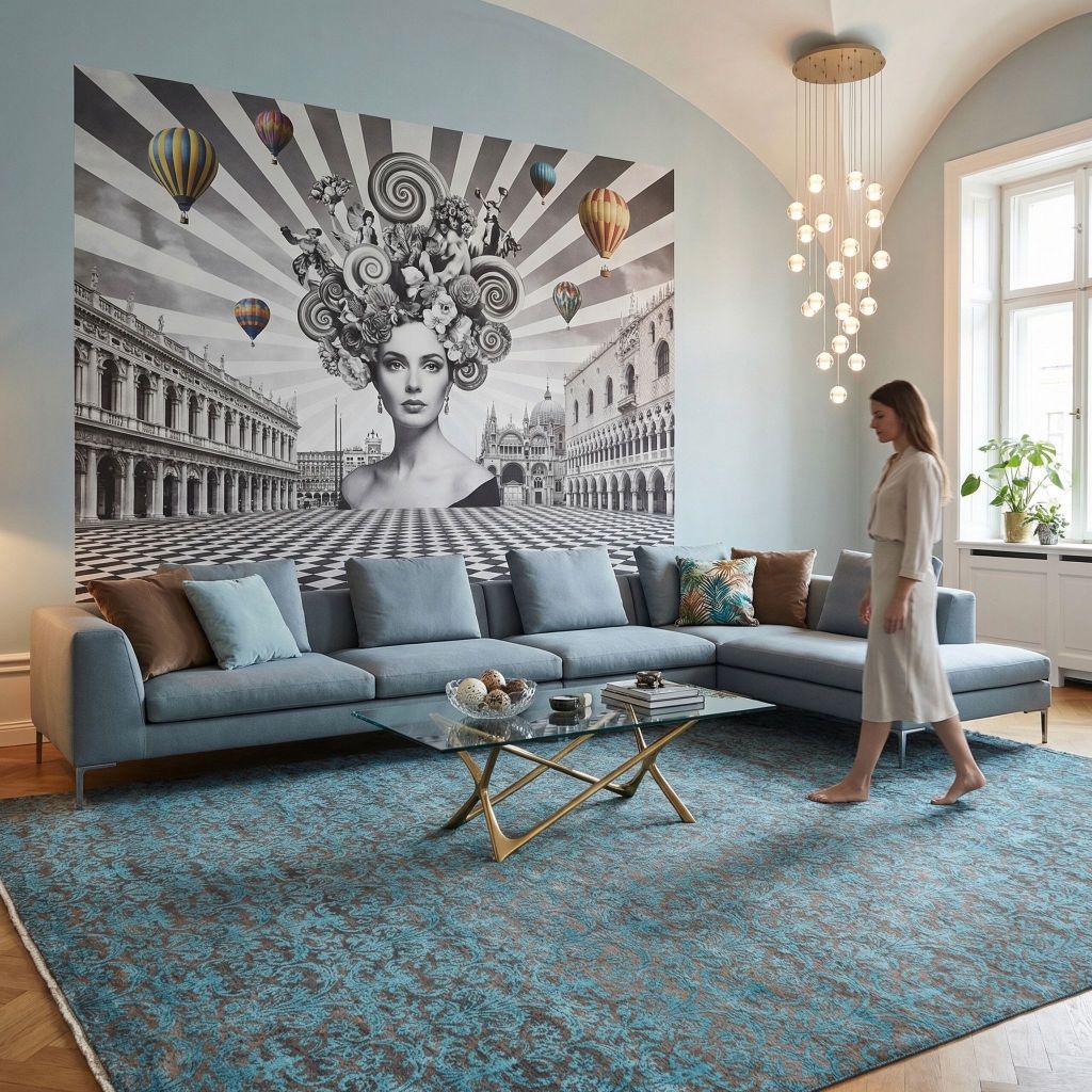 Wohnraumbild mit handgeknüpfter Teppich Eterno im Vintage Look in Türkis Blau unter Sofa und Couchtisch