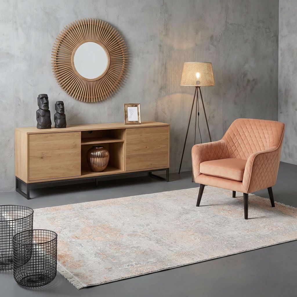 Skandinavisch inspiriertes Wohnzimmer mit handgeknüpfter Teppich Eterno als großer Teppich vor Sessel und Stehlampe