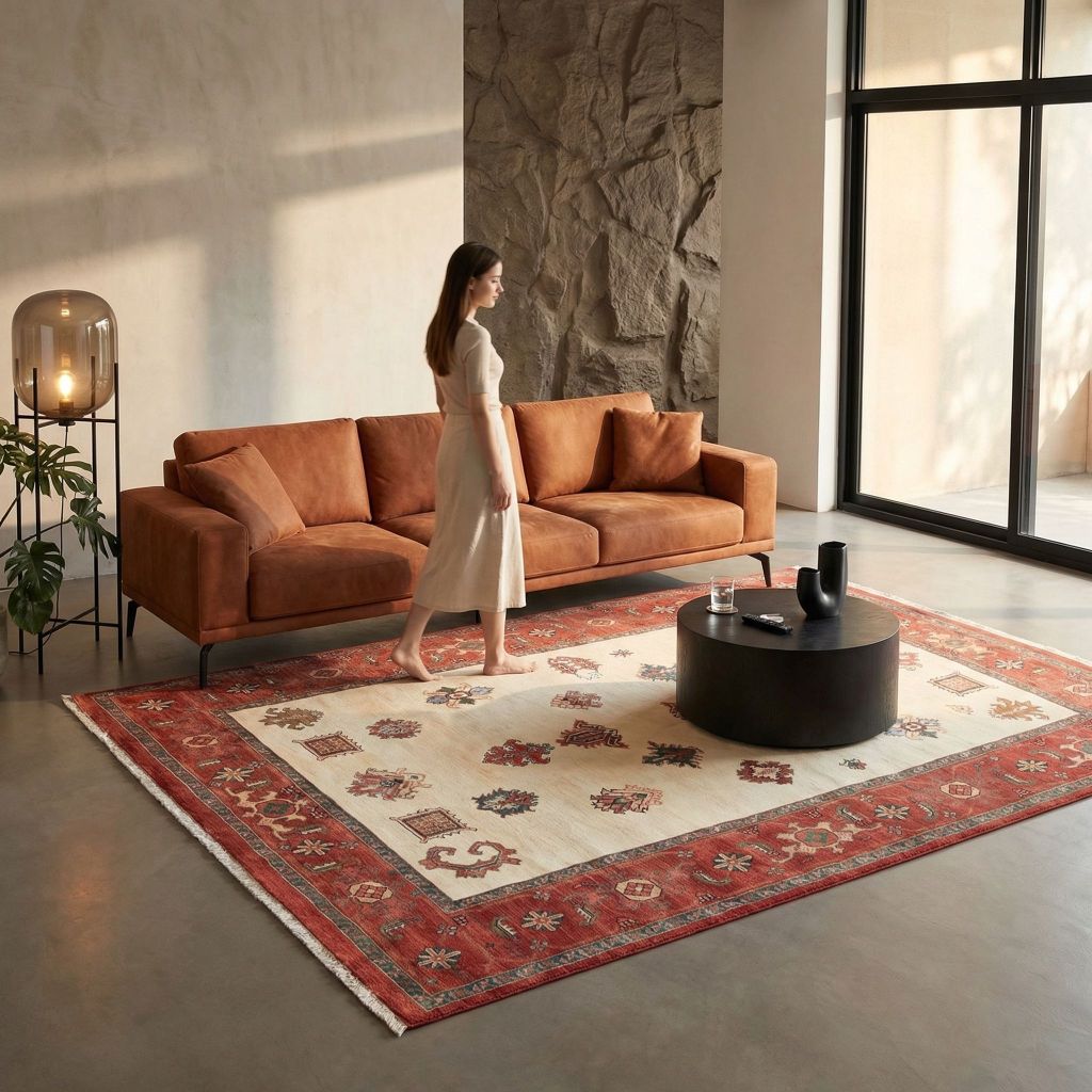 Wohnraumidee mit handgeknüpftem Teppich Ghadimi in Rot Creme mit Ornamenten im hellen Loft