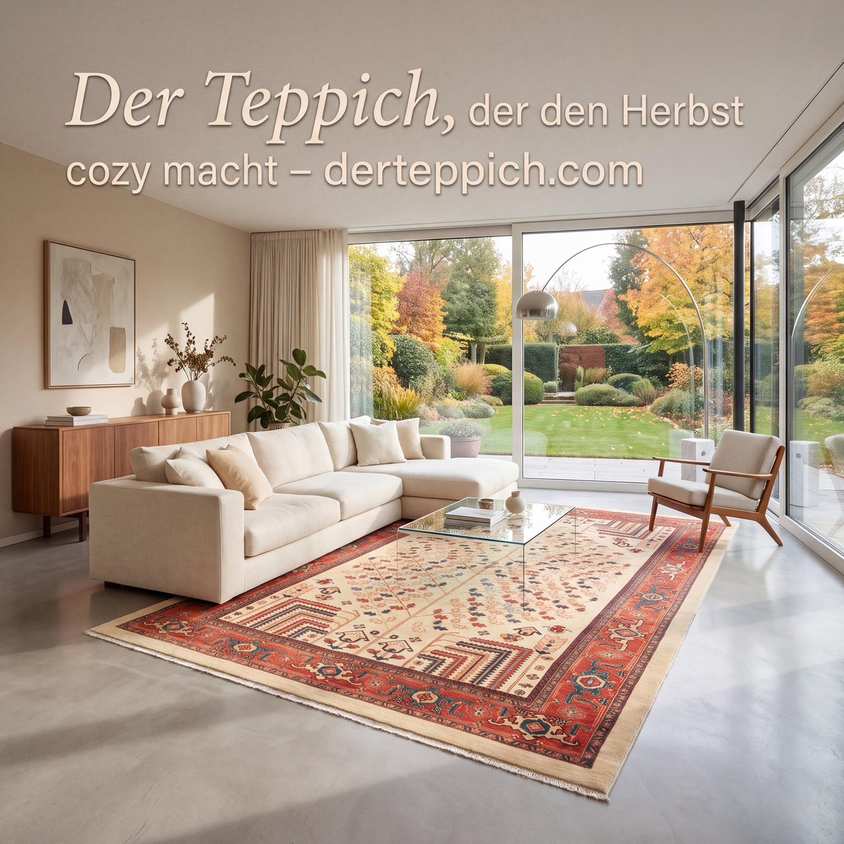 Ein helles, gemütliches Wohnzimmer im herblisten Look Lichtdurchflutet.