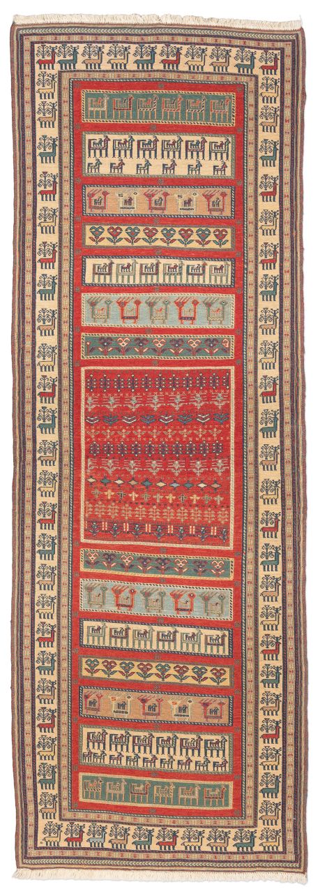handgewebter Sumackkelim Afschar-Tabii aus Persien Maß 239x83 cm