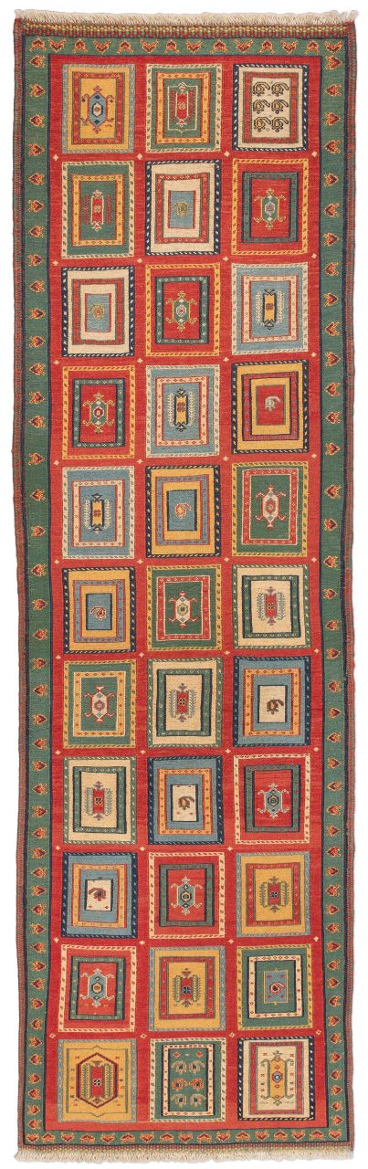 handgewebter Sumackkelim Afschar-Tabii aus Persien Maß 257x78 cm