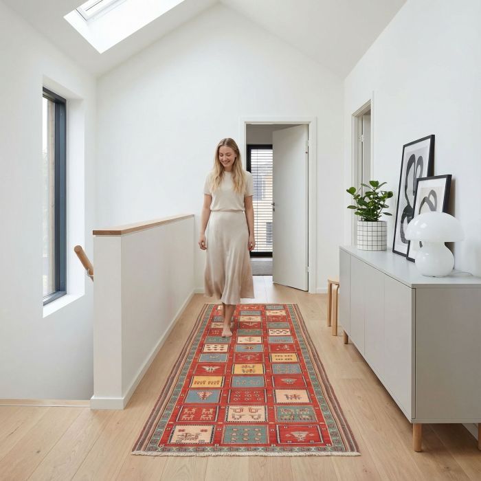 handgewebter Sumackkelim Afschar-Tabii aus Persien Maß 286x97 cm