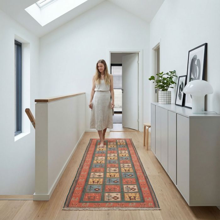 handgewebter Sumackkelim Afschar-Tabii aus Persien Maß 293x90 cm