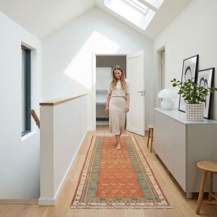 handgewebter Sumackkelim Afschar-Tabii aus Persien Maß 286x77 cm