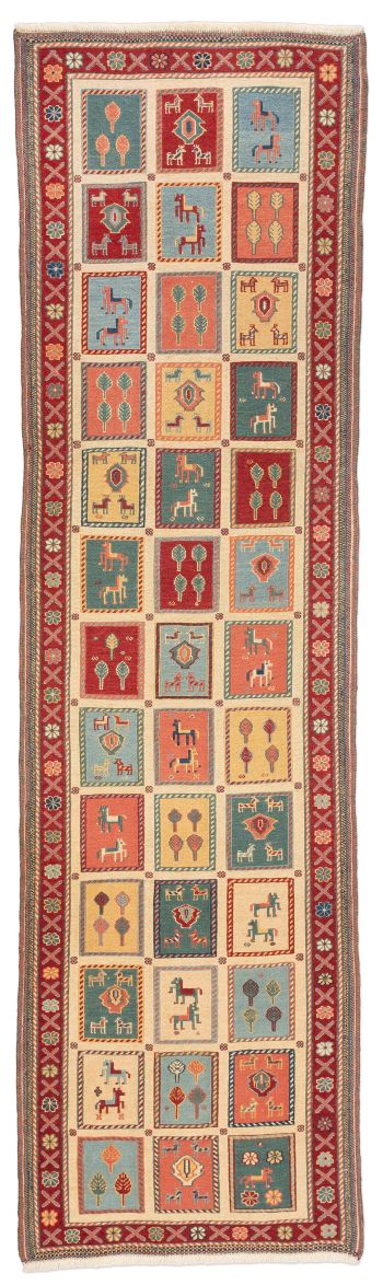 handgewebter Sumackkelim Afschar-Tabii aus Persien Maß 292x82 cm